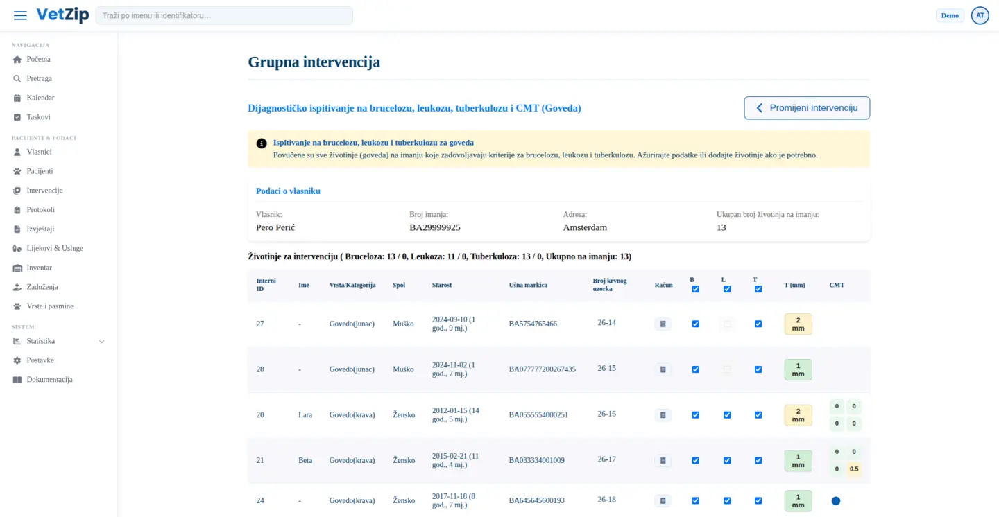 Pregled grupne intervencije u VetZip aplikaciji